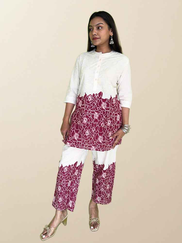 Maroon & Off-White Floral Co-ord Set - The Sutra Space