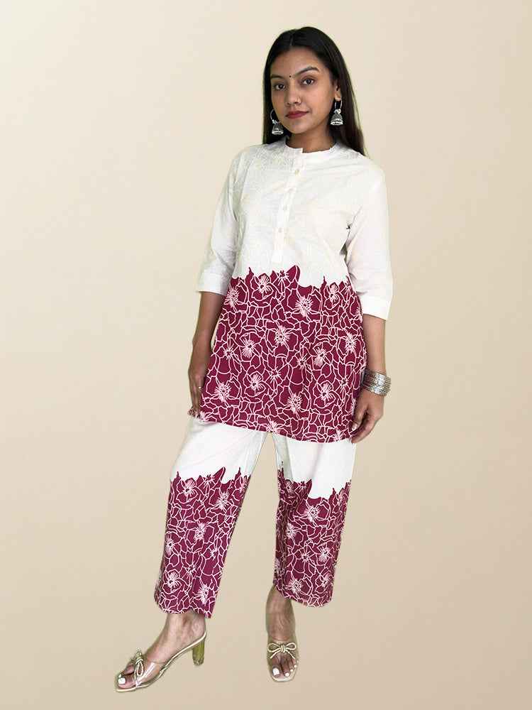 Maroon & Off-White Floral Co-ord Set - The Sutra Space