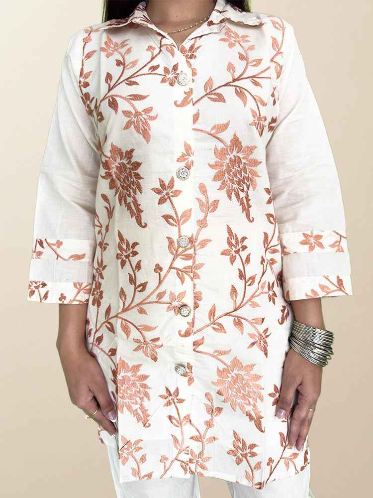 Elegant Off-White & Copper Floral Embroidered Co-ord Set - The Sutra Space