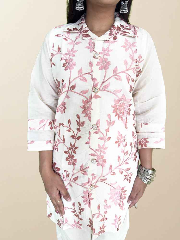 Elegant Off-White & Pink Floral Embroidered Co-ord Set - The Sutra Space