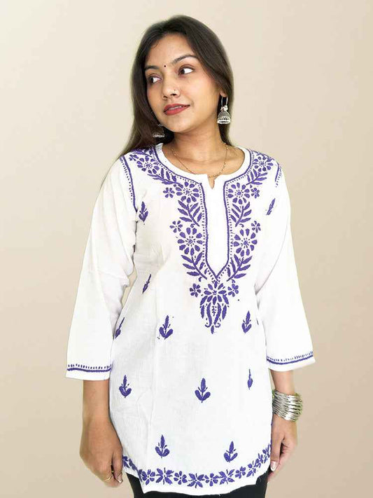 White Cotton Kurta with Purple Chikankari Hand Embroidery - The Sutra Space