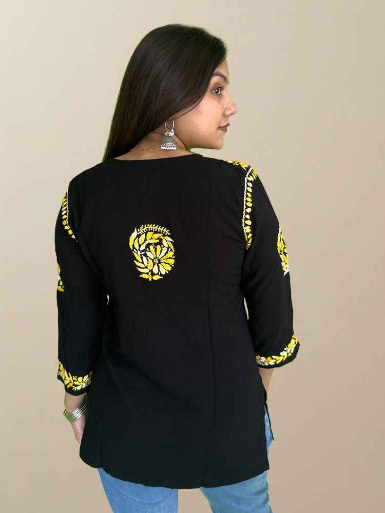 Black Cotton Chikankari Kurta with Yellow Embroidery - The Sutra Space