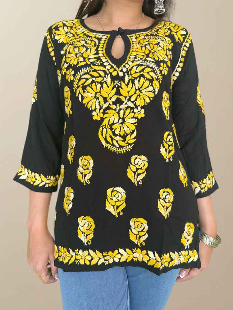 Black Cotton Chikankari Kurta with Yellow Embroidery - The Sutra Space