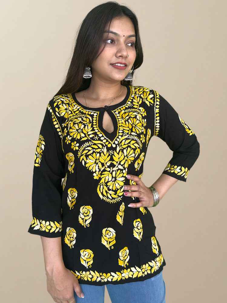 Black Cotton Chikankari Kurta with Yellow Embroidery - The Sutra Space