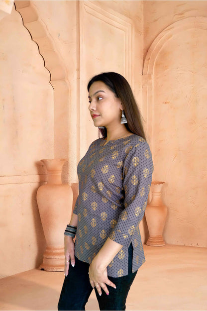 Grey Cotton Kurta with Gold Foil Print - The Sutra Space