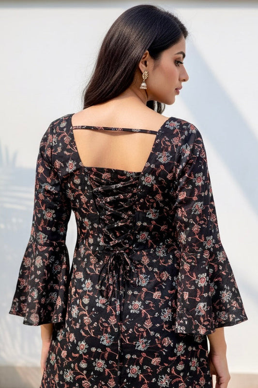 Midnight Noir Vintage Floral Corset-Back Short Kurti