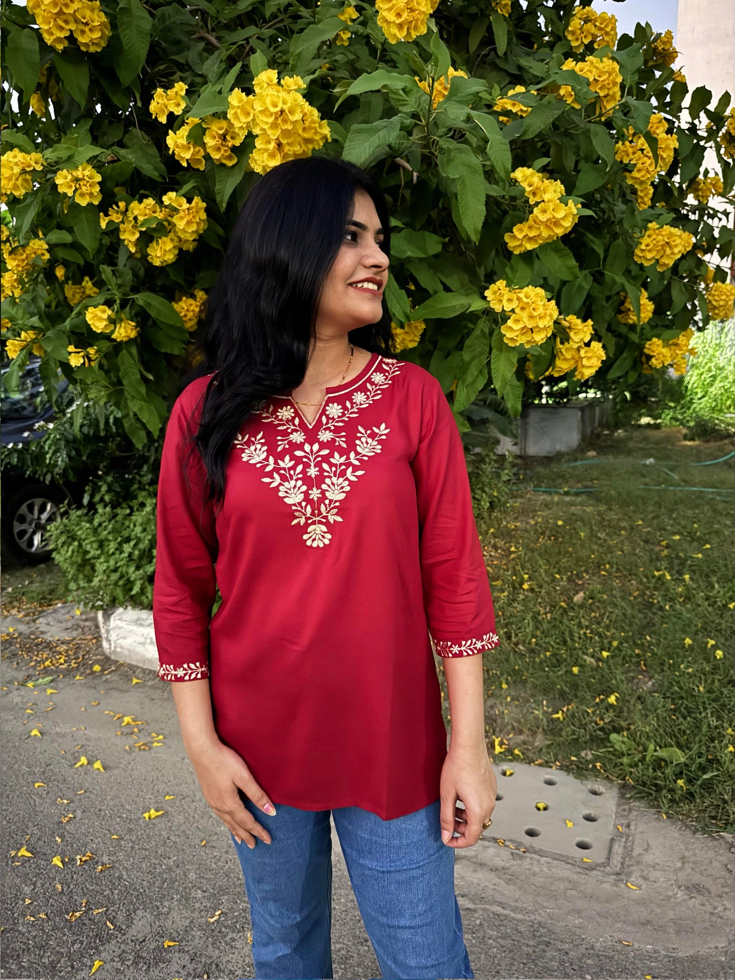 Maroon Short Kurti with Golden Embroidery