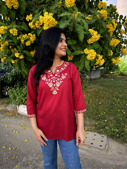 Maroon Short Kurti with Golden Embroidery