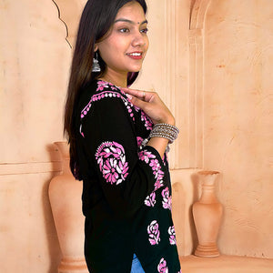 Black Cotton Chikankari Short Kurta with Pink Embroidery - The Sutra Space