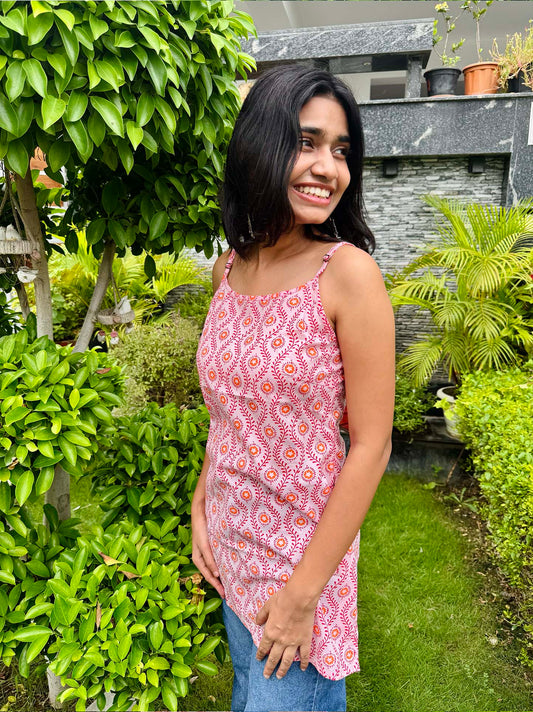Pink Cotton Adjustable Strap Sleeveless Top with Long Side Slit - The Sutra Space