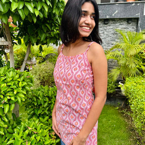 Pink Cotton Adjustable Strap Sleeveless Top with Long Side Slit - The Sutra Space