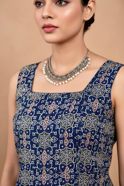 Navy Blue Kantha Cotton Printed Sleeveless Kurti