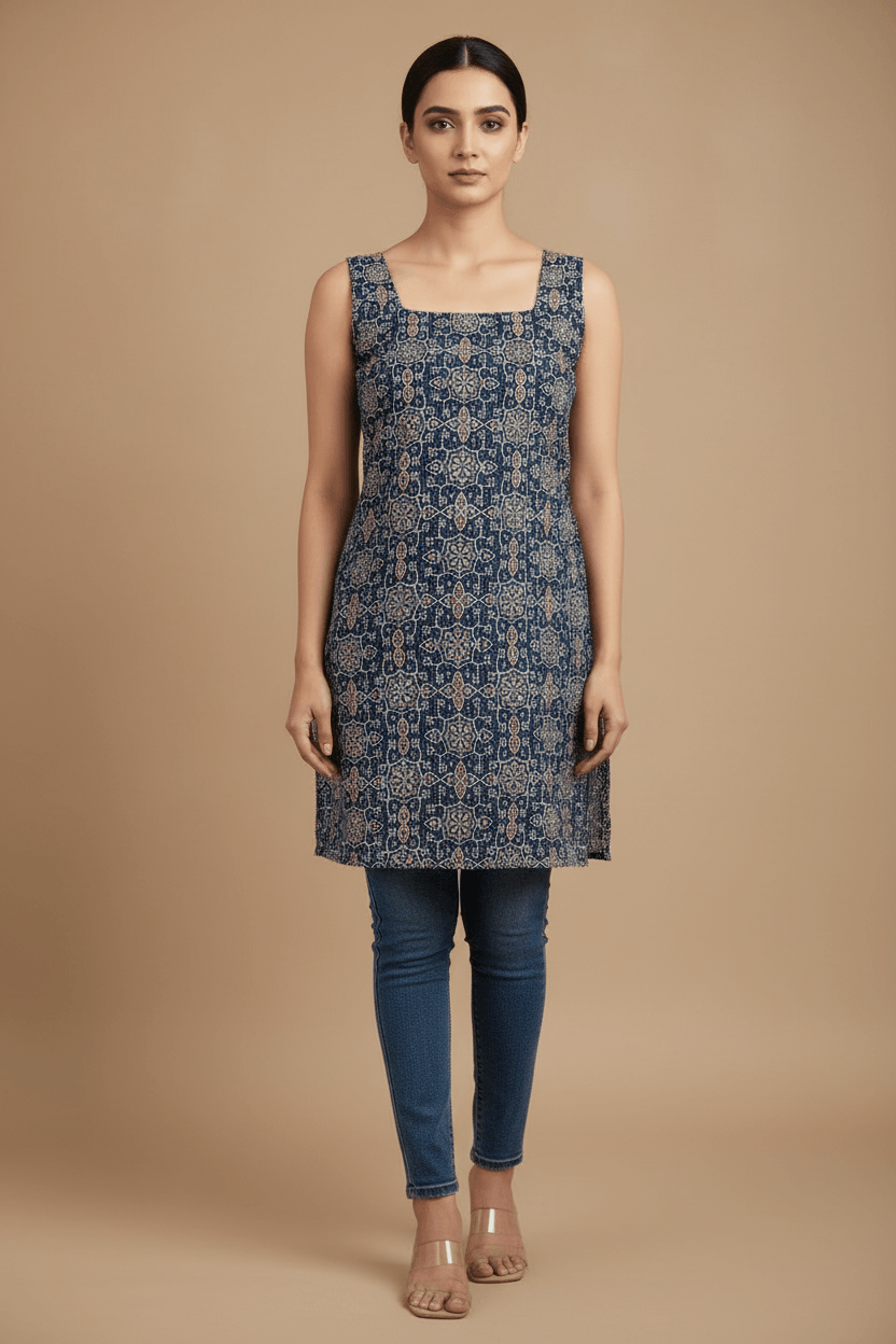 Navy Blue Kantha Cotton Printed Sleeveless Kurti