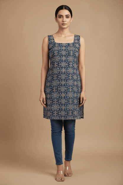 Navy Blue Kantha Cotton Printed Sleeveless Kurti