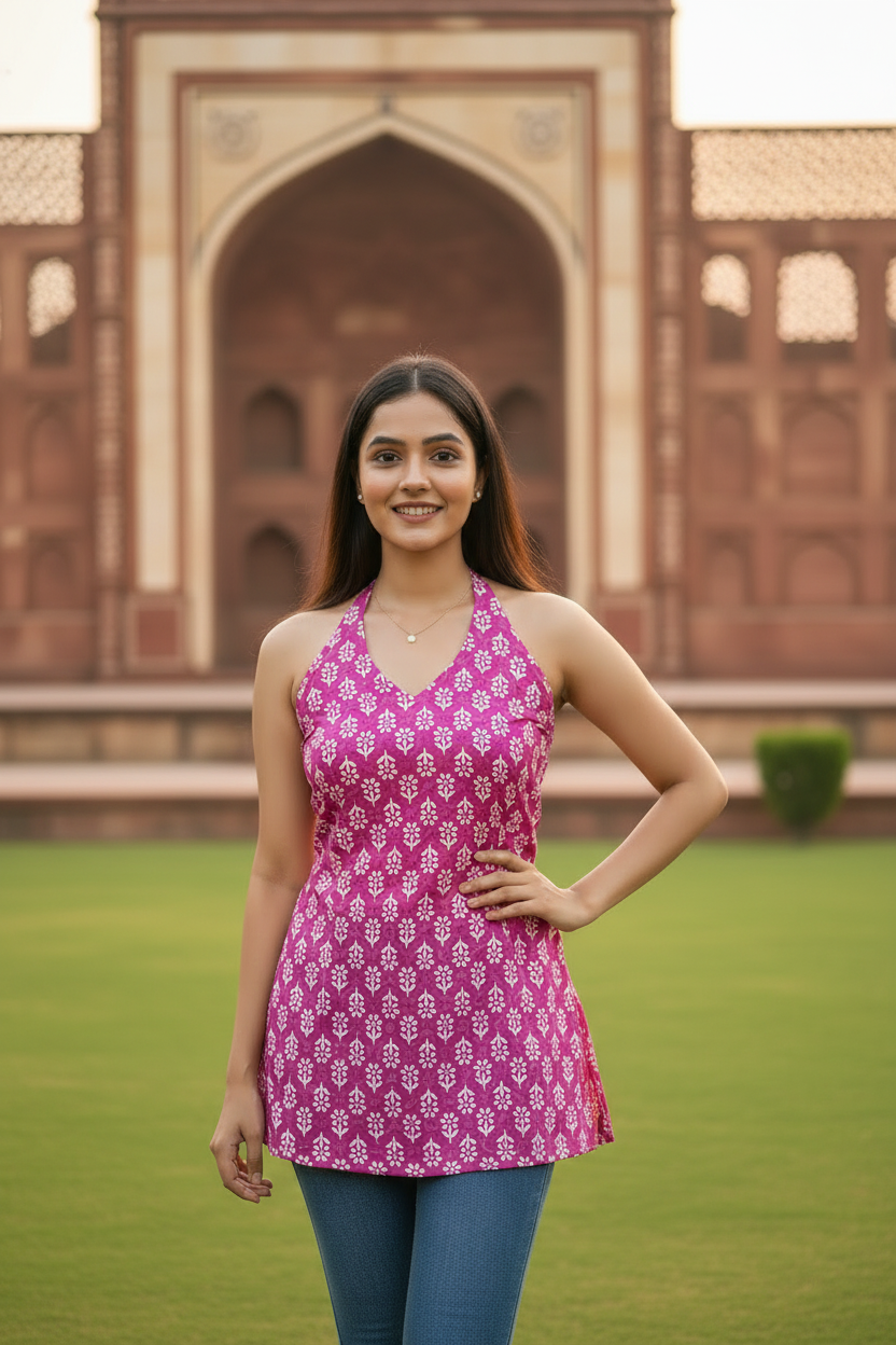 Pink Botanical Backless Halter Kurti