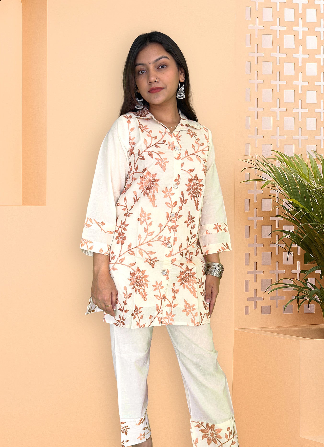 Elegant Off-White & Copper Floral Embroidered Co-ord Set - The Sutra Space