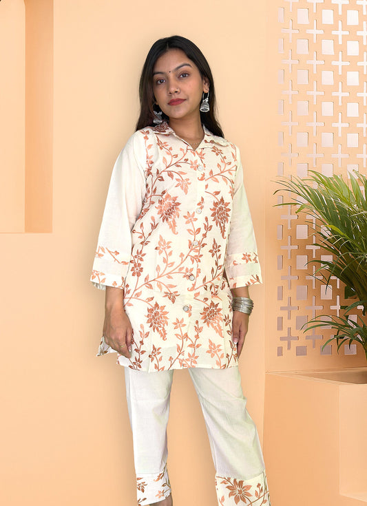 Elegant Off-White & Copper Floral Embroidered Co-ord Set - The Sutra Space