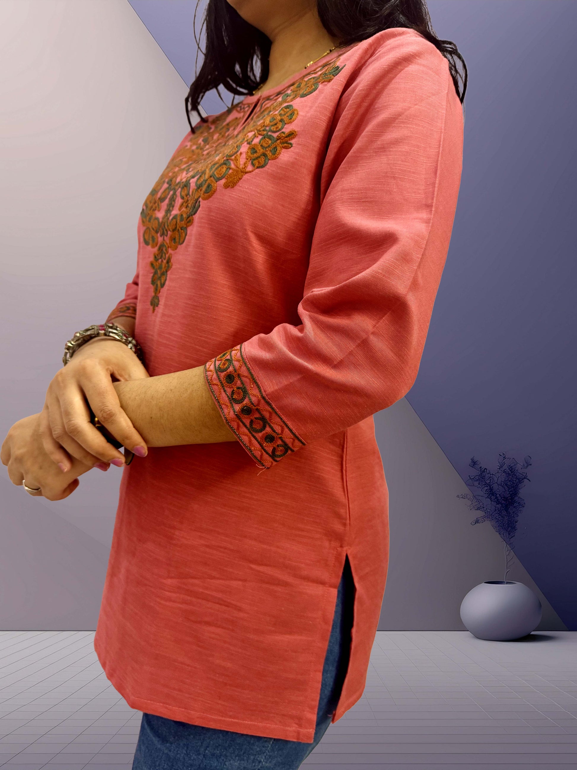 Pink Kashmiri Aari Embroidered Kurti - The Sutra Space