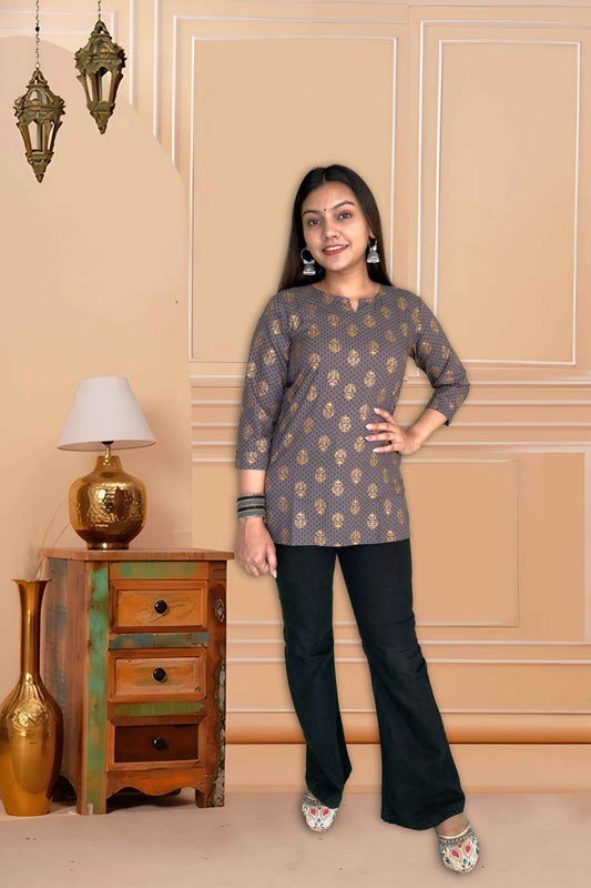 Grey Cotton Kurta with Gold Foil Print - The Sutra Space