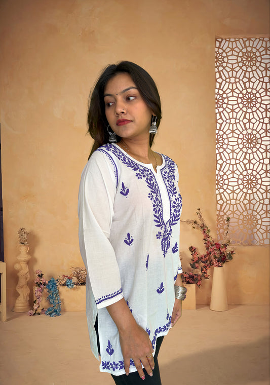 White Cotton Kurta with Purple Chikankari Hand Embroidery - The Sutra Space