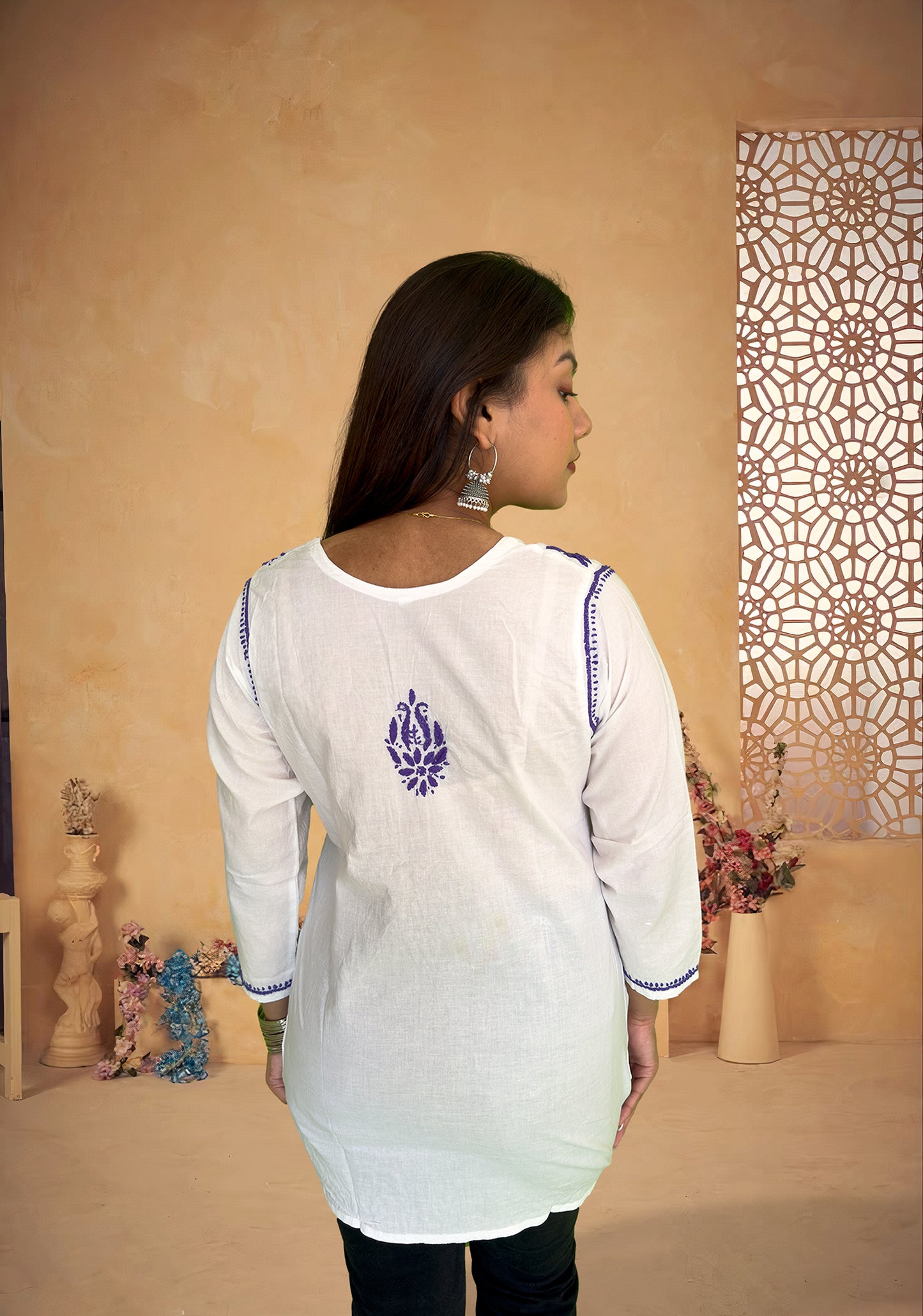 White Cotton Kurta with Purple Chikankari Hand Embroidery - The Sutra Space