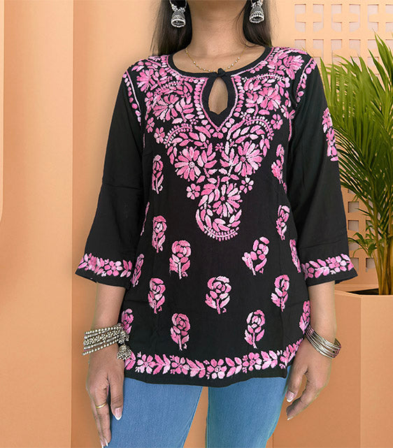 Black Cotton Chikankari Short Kurta with Pink Embroidery - The Sutra Space