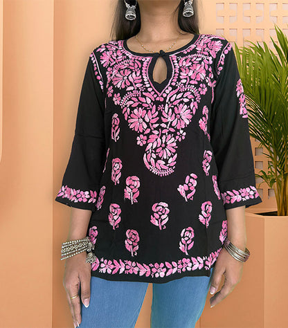 Black Cotton Chikankari Short Kurta with Pink Embroidery - The Sutra Space