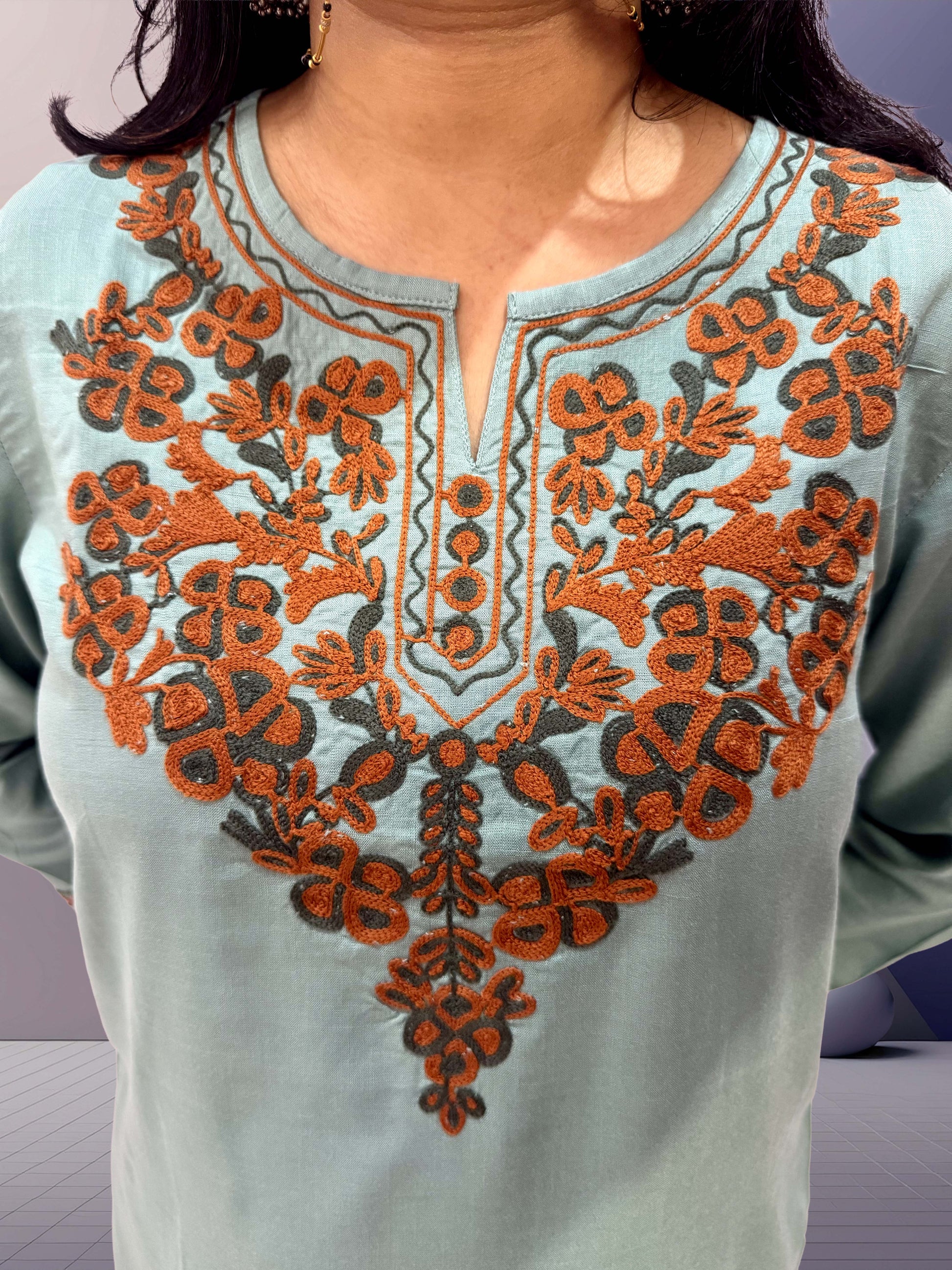 Sage Green Cotton Kurti with Kashmiri Aari Embroidery - The Sutra Space