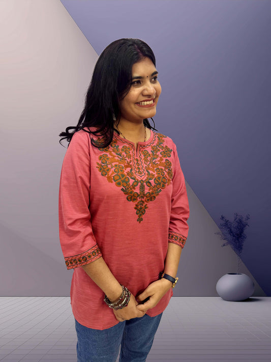 Pink Kashmiri Aari Embroidered Kurti - The Sutra Space
