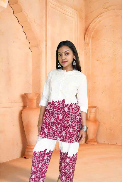 Maroon & Off-White Floral Co-ord Set - The Sutra Space