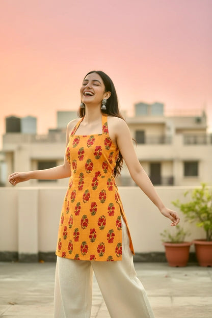 Amber Floral Block Print Halter Kurti