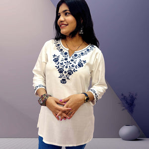 Elegant White Cotton Kurti with Blue Embroidery - The Sutra Space