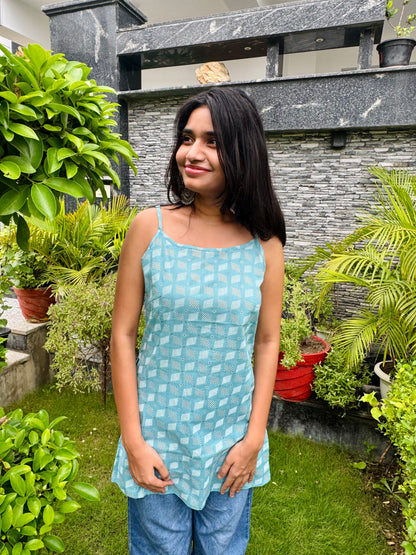 Cotton Powder Blue Adjustable Strap Sleeveless Top with Long Side Slit - The Sutra Space