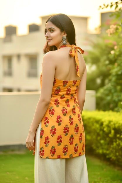 Amber Floral Block Print Halter Kurti