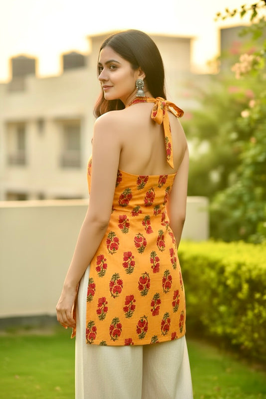 Amber Floral Block Print Halter Kurti
