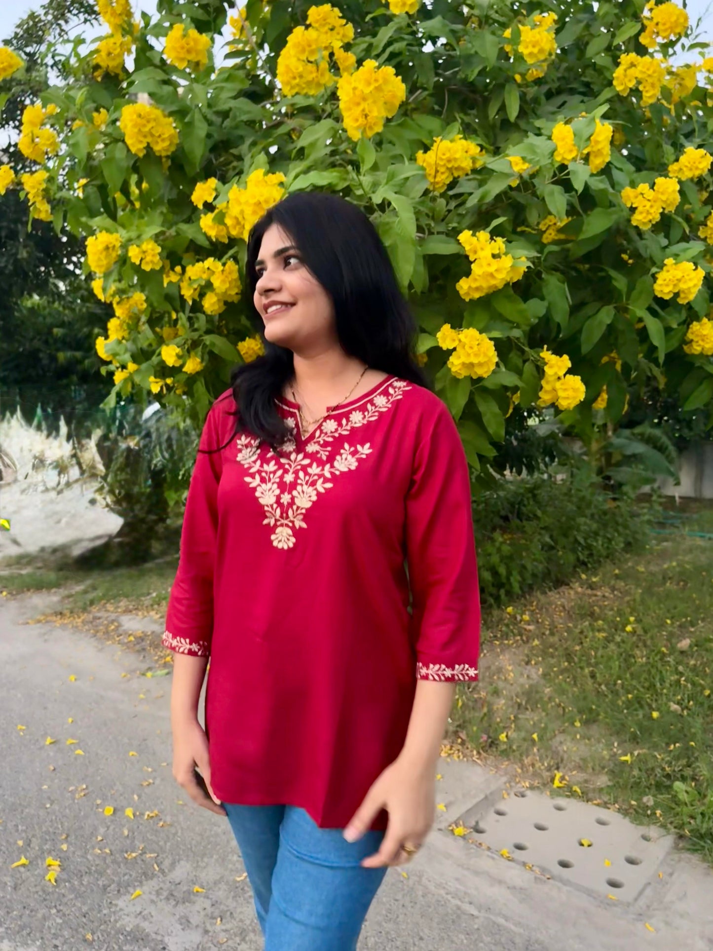 Maroon Short Kurti with Golden Embroidery