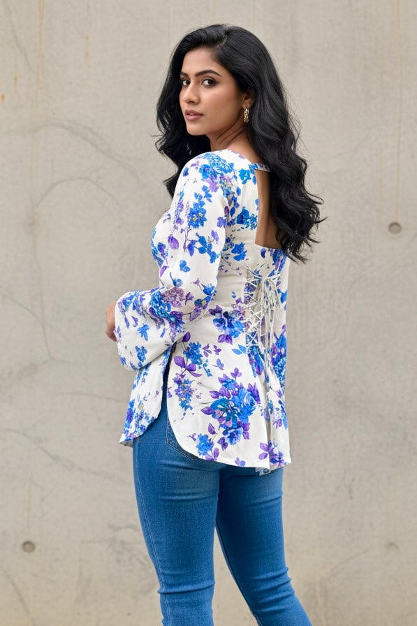 White Corset Back Bell Sleeve Kurti with Blue and Purple Floral Print