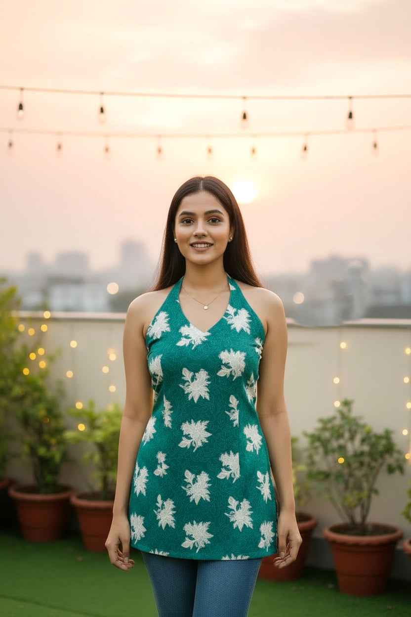 Emerald Green Halter Neck Floral Tunic