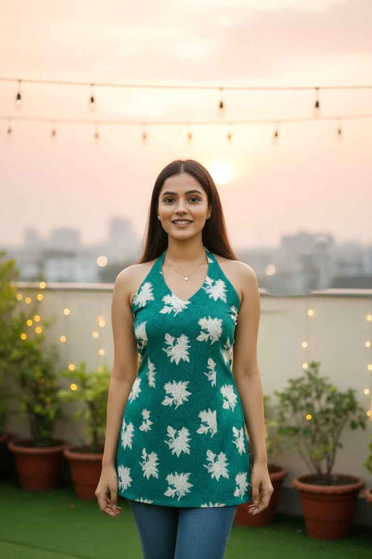 Emerald Green Halter Neck Floral Tunic