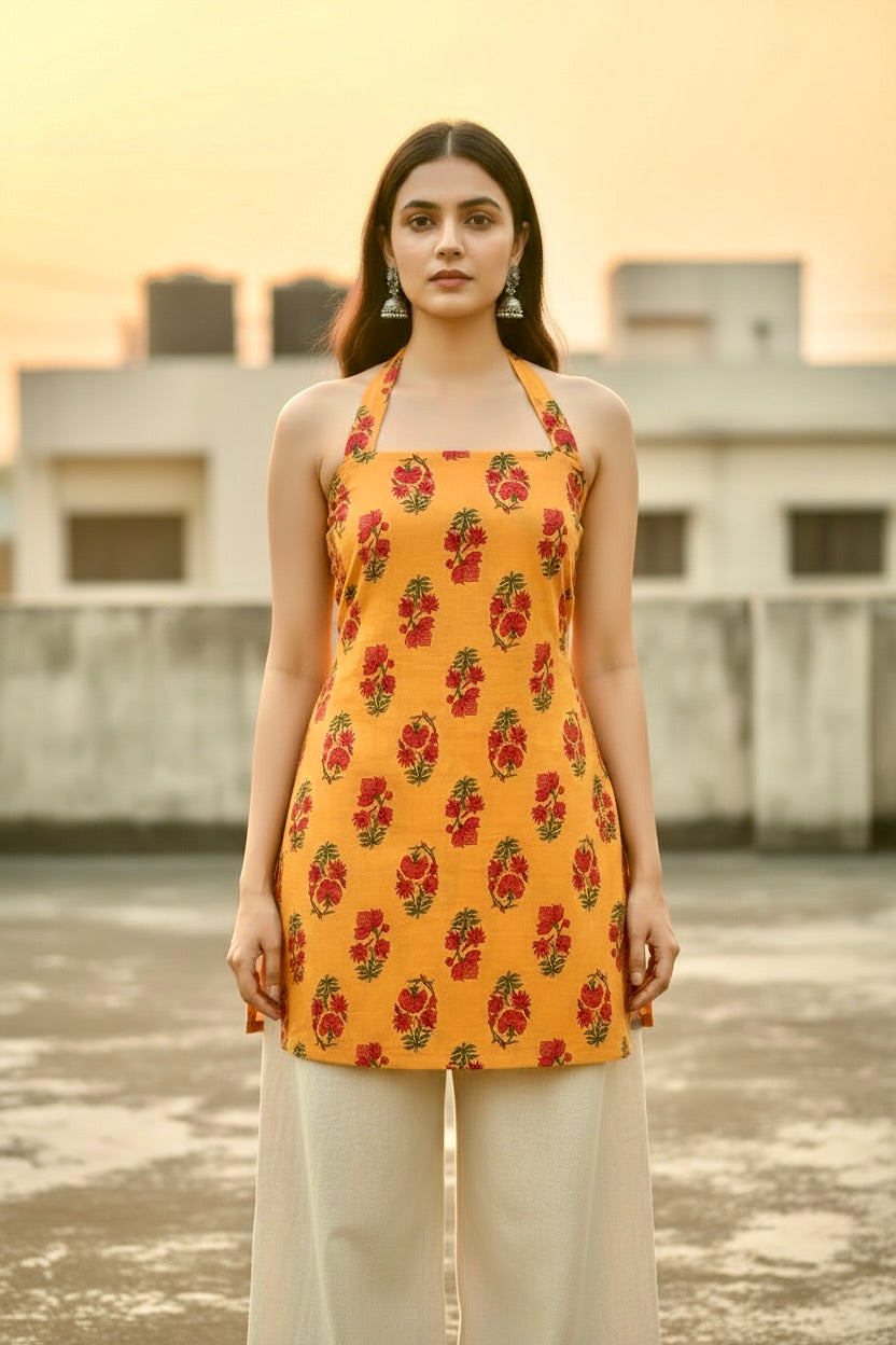 Amber Floral Block Print Halter Kurti