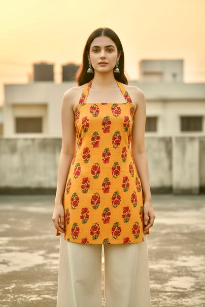 Amber Floral Block Print Halter Kurti