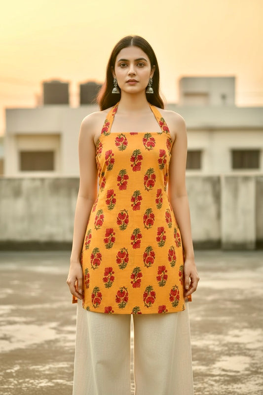 Amber Floral Block Print Halter Kurti