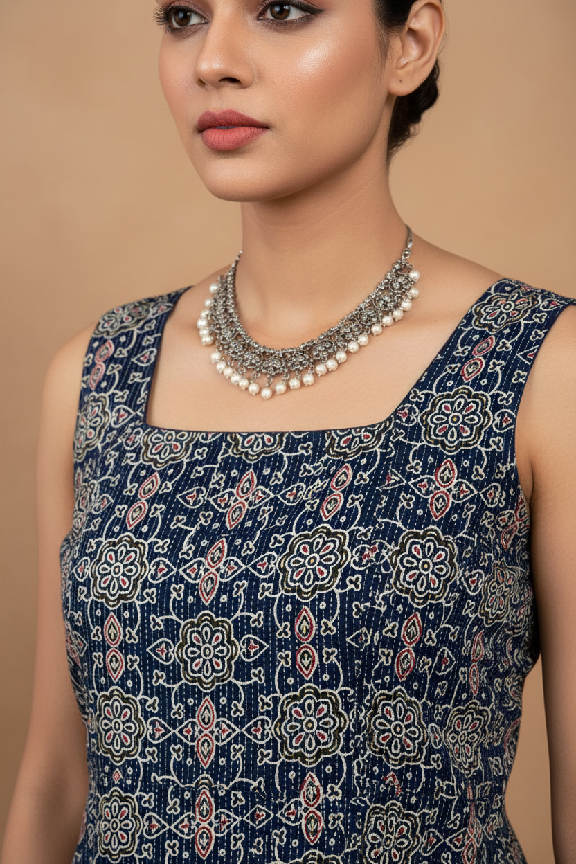 Navy Blue Kantha Cotton Printed Sleeveless Kurti