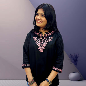 Black Cotton Kurti with Pink Floral Embroidery - The Sutra Space