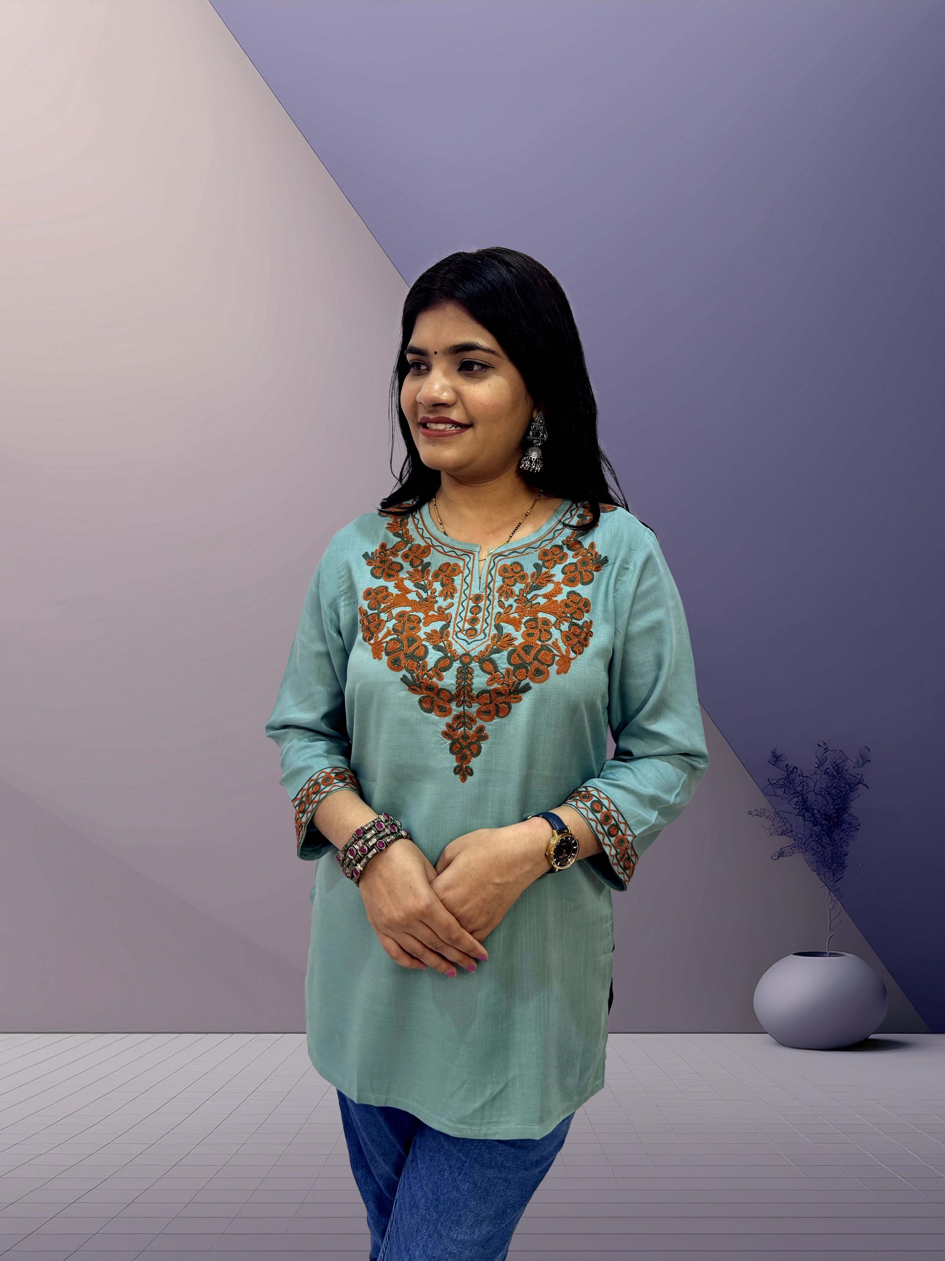 Sage Green Cotton Kurti with Kashmiri Aari Embroidery - The Sutra Space