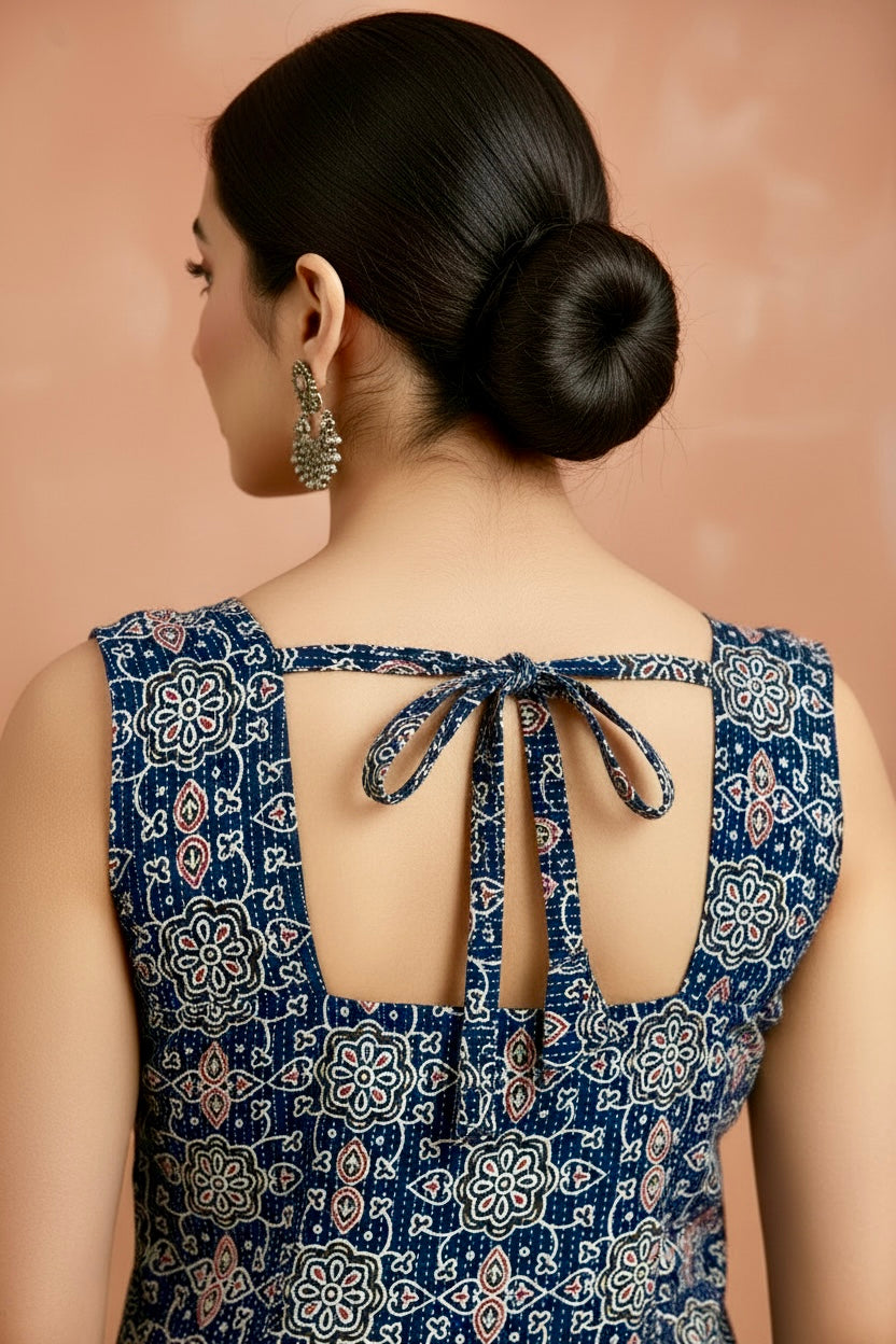 Navy Blue Kantha Cotton Printed Sleeveless Kurti