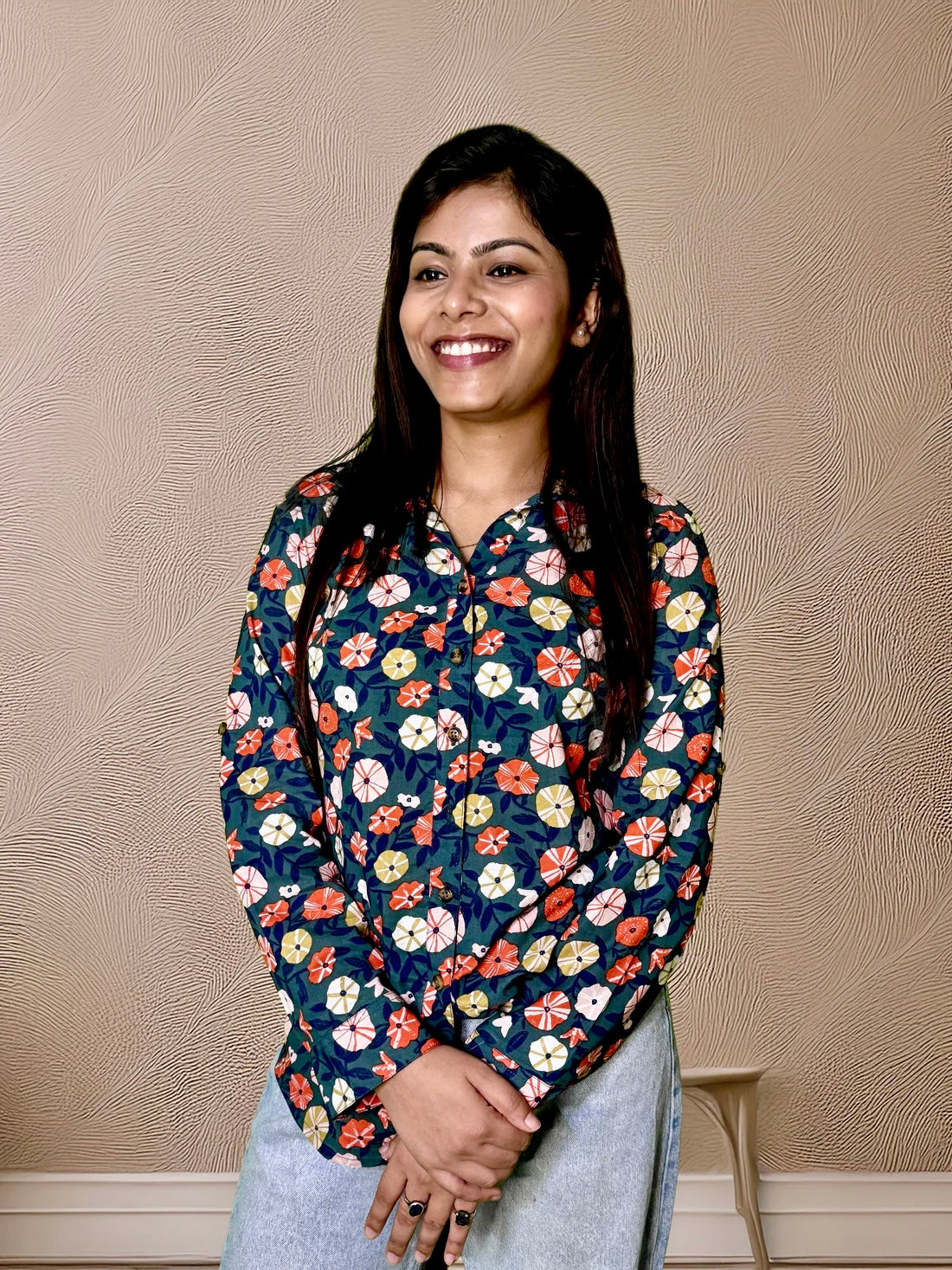 Multi Floral Cotton Shirt – Foldable Sleeves & Darted Fit