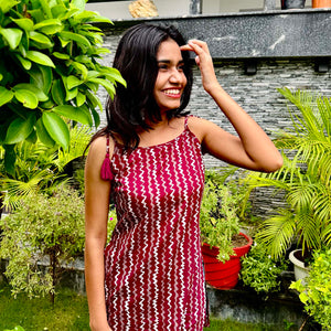 Cotton Wine Noodle Strap Sleeveless Top with Tassel & Side Slit - The Sutra Space