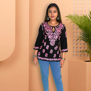 Black Cotton Chikankari Short Kurta with Pink Embroidery - The Sutra Space