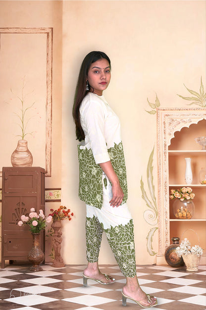 Olive Green & Off-White Floral Co-ord Set - The Sutra Space